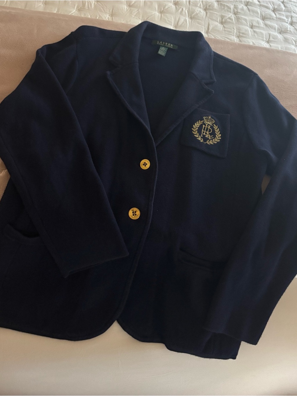 Ralph Lauren Navy Knit Blazer with Gold Crest Patch
